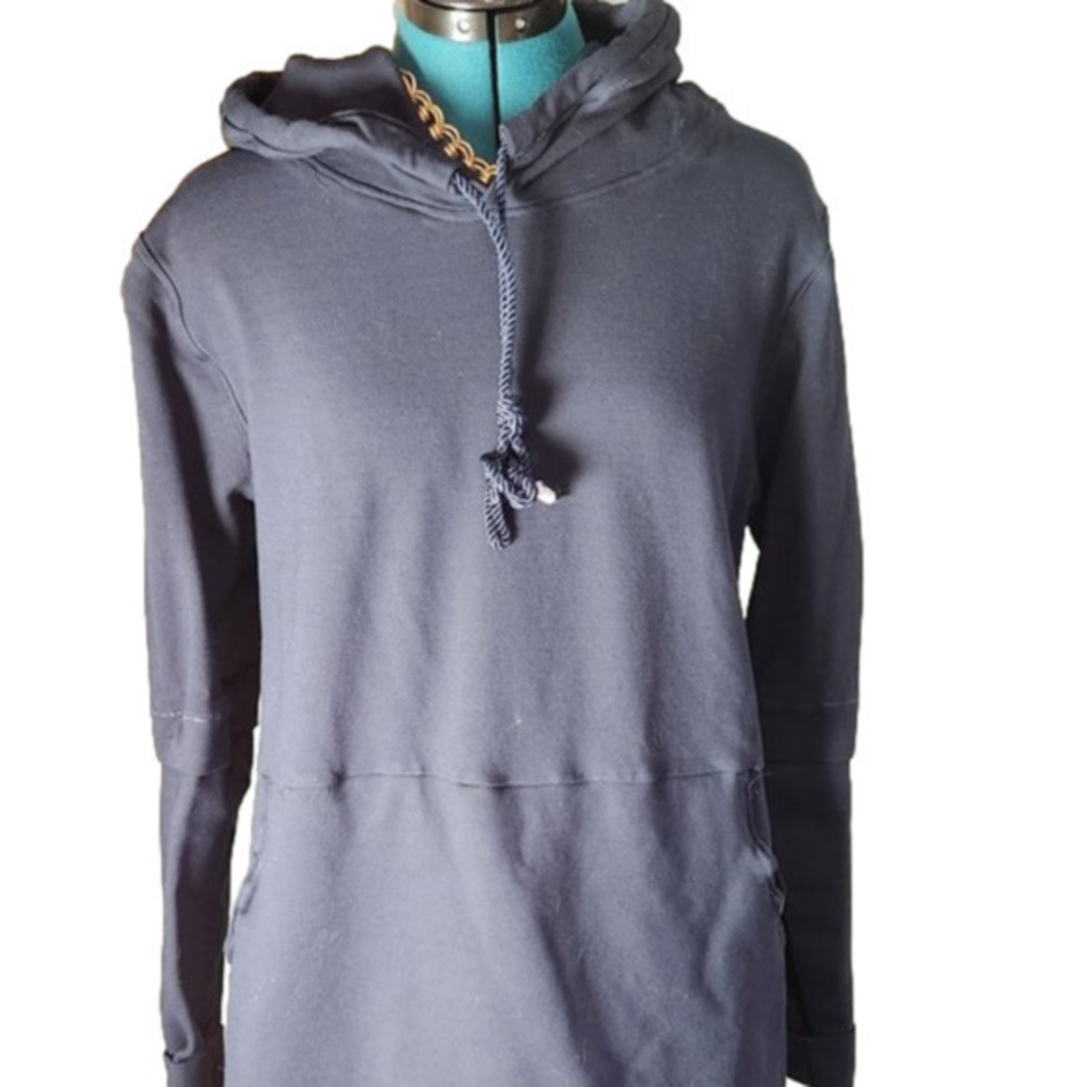 252. Navy Ponte Knit Jersey Tunic Hoodie sz L